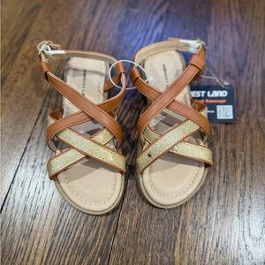 Girls' Tan & Gold Cross-Strap Sandals with Glitter Accent